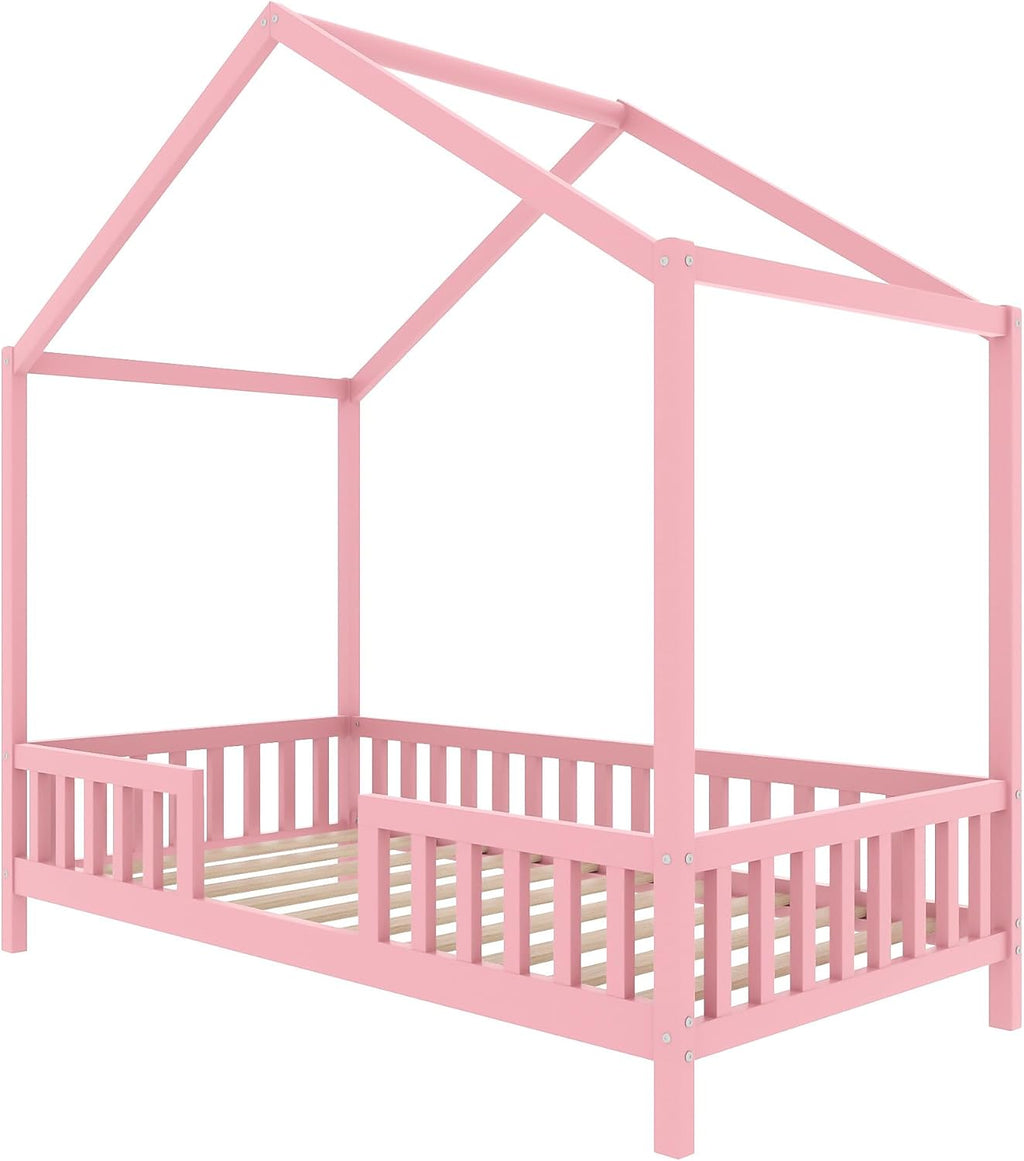 Twin Montessori Floor House Bed with High Rails, Wood Kids Low Floor Bed with Roof & Canopy, Montessori Twin Kids Bed Frame for Girls, Boys,No Box Spring Needed, Pink