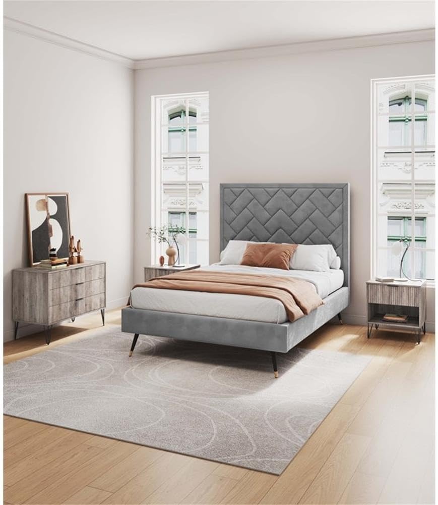 Pemberly Row 2-Piece Bedroom Set, Standard 3-Drawer Dresser and 1.0 Nightstand, Light Gray Finish, MDF Material, Full Extension Drawers, Ribbed Texture, Metal Handles, Splayed Legs, Storage for