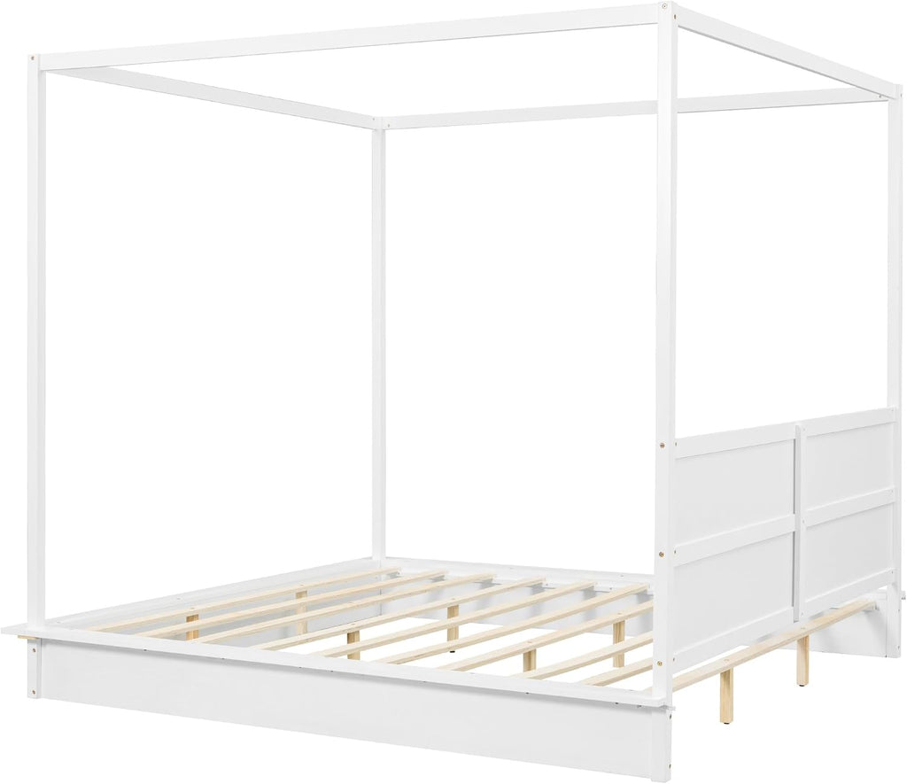 King Size Canopy Platform Bed with LED Lights and Headboard, Wooden 4-Post Canopy Bed Frame with Support Slats, No Box Spring Needed (King)