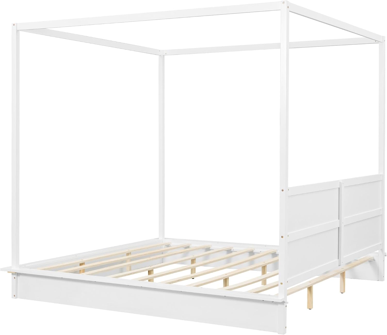 King Size Canopy Platform Bed with LED Lights and Headboard, Wooden 4-Post Canopy Bed Frame with Support Slats, No Box Spring Needed (King)