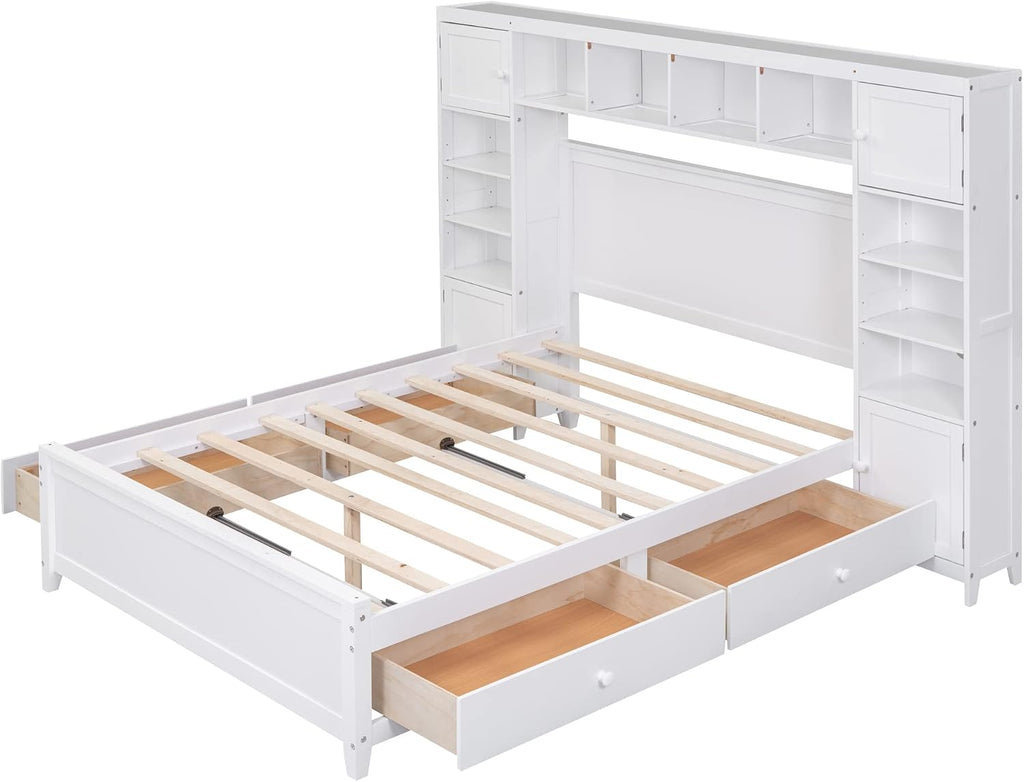 Harper & Bright Designs Full Platform Bed with All-in-One Cabinet and Shelf Modern Wooden Full Beds with 4 Storage Drawers, Full Size Bed Frame for Bed Room, No Box Spring Needed (White)