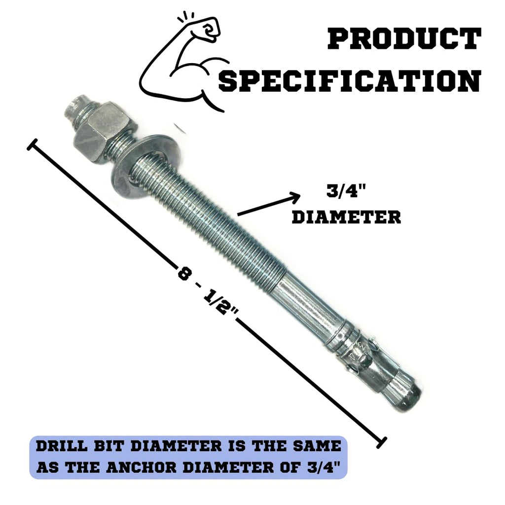 MIGHTY FASTENERS Zinc-Plated Steel Wedge Anchors, 3/4' X 8 1/2' - Heavy-Duty Mounting Bolts for Concrete - 25 Pack