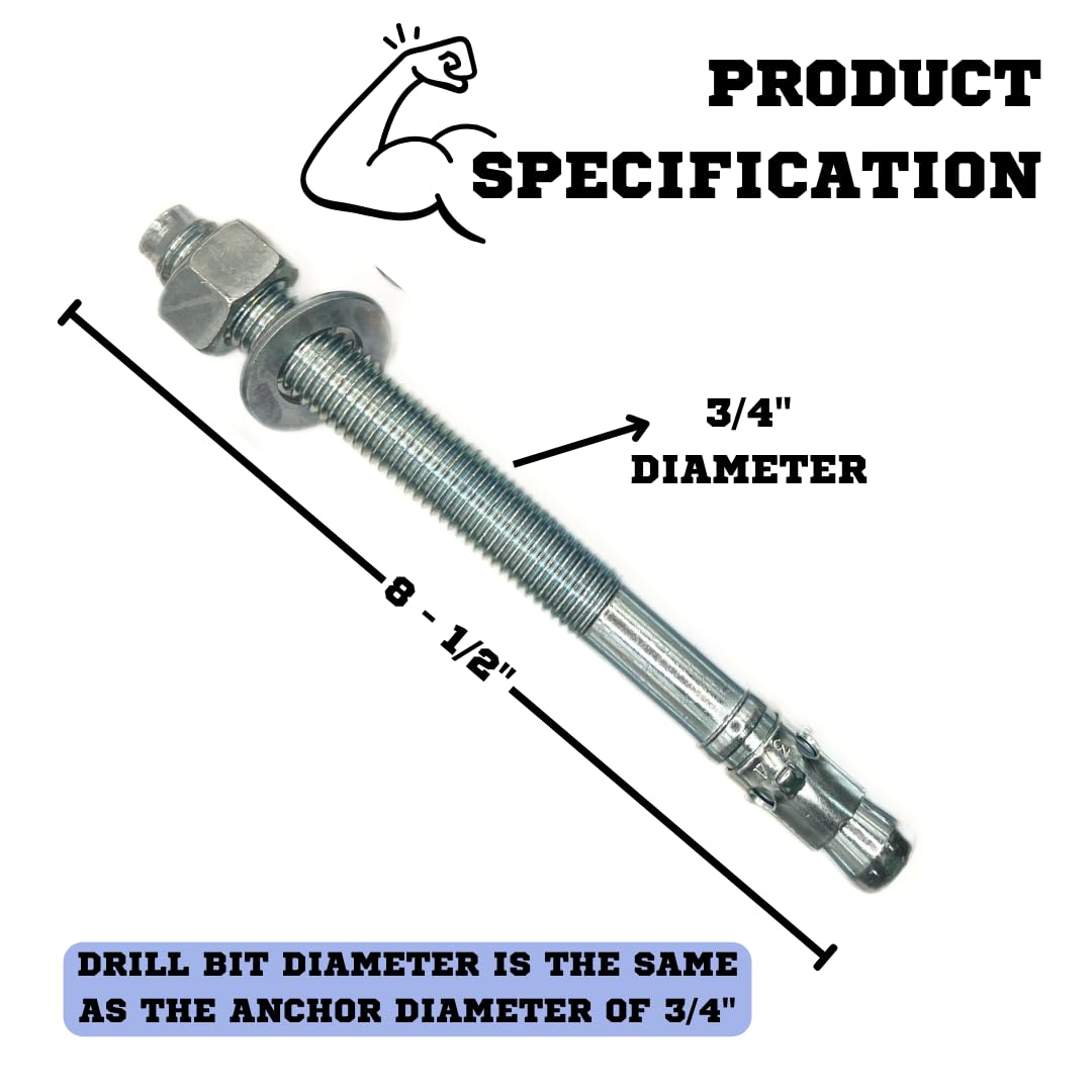 MIGHTY FASTENERS Zinc-Plated Steel Wedge Anchors, 3/4' X 8 1/2' - Heavy-Duty Mounting Bolts for Concrete - 25 Pack