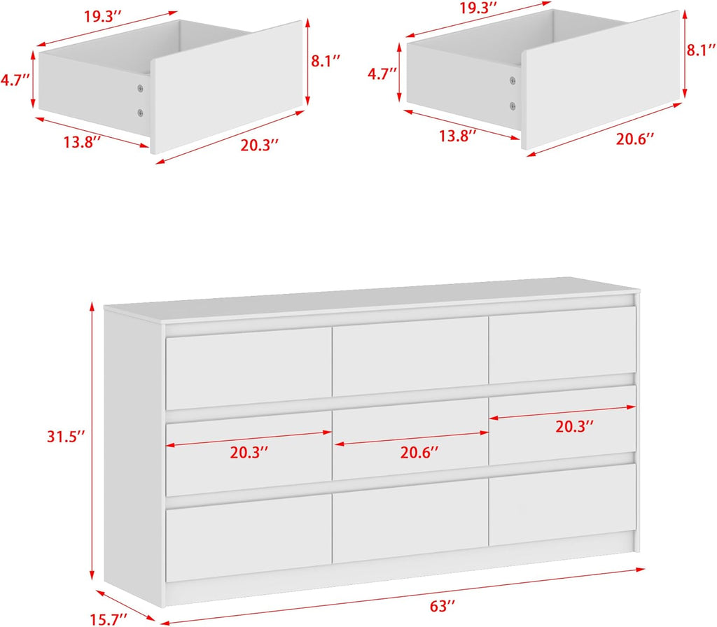 9 Drawer Dresser for Bedroom with Deep Drawers, Large Floor Wood Dressers & Chest of Drawers Handle Free, Modern White Long Dressers for Closet Living Room, Euro Slide (63'W x 15.7'D x 31.5'H)