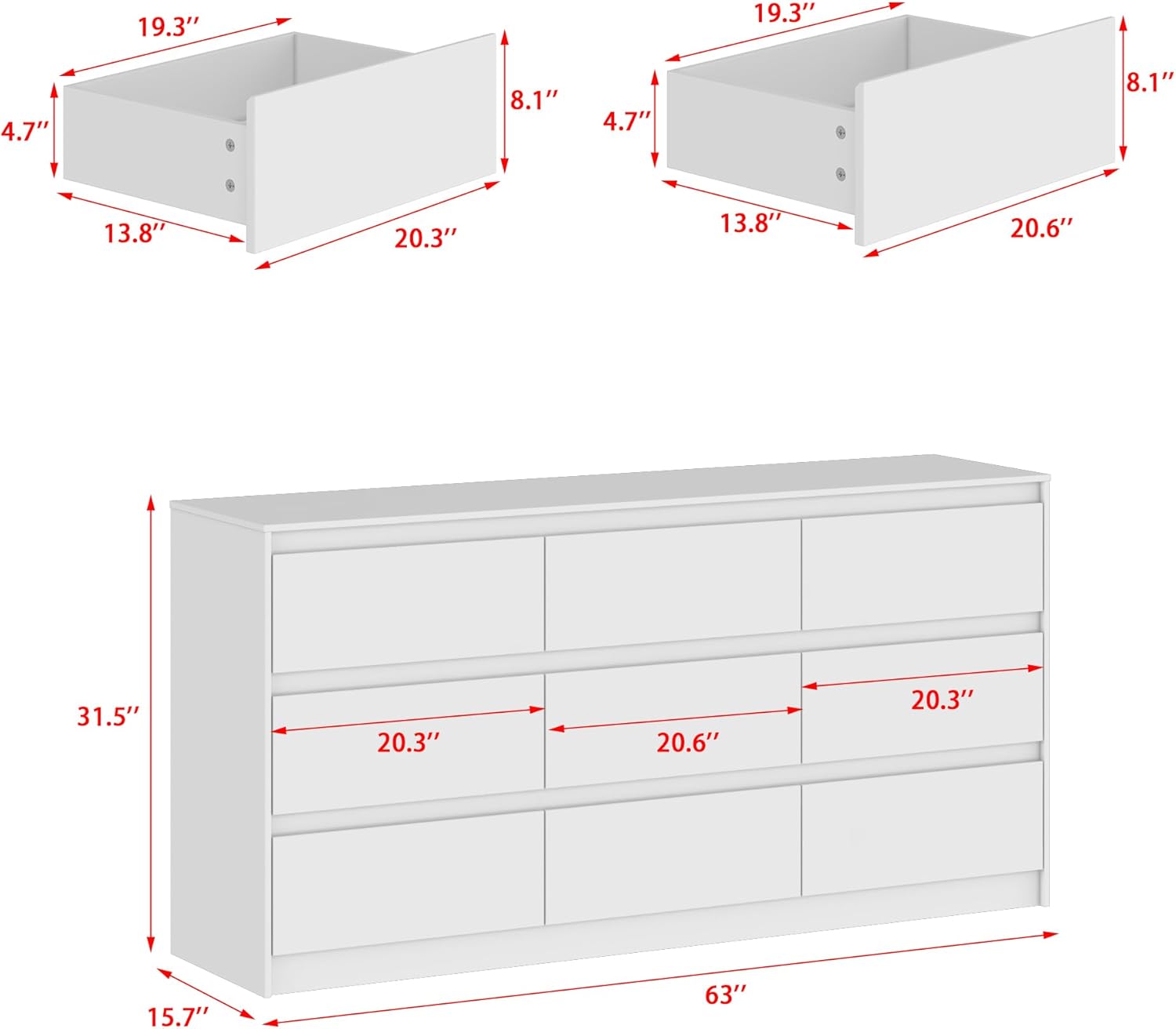 9 Drawer Dresser for Bedroom with Deep Drawers, Large Floor Wood Dressers & Chest of Drawers Handle Free, Modern White Long Dressers for Closet Living Room, Euro Slide (63'W x 15.7'D x 31.5'H)