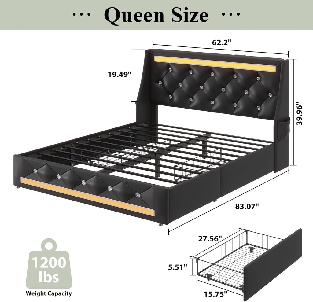 Queen Bed Frame with Storage Drawers and LED Lights/Charging Station, Modern Diamond Upholstered Platform Bed with Wingback Headboard, Wooden Slats Support, No Box Spring Needed (Black, Queen)