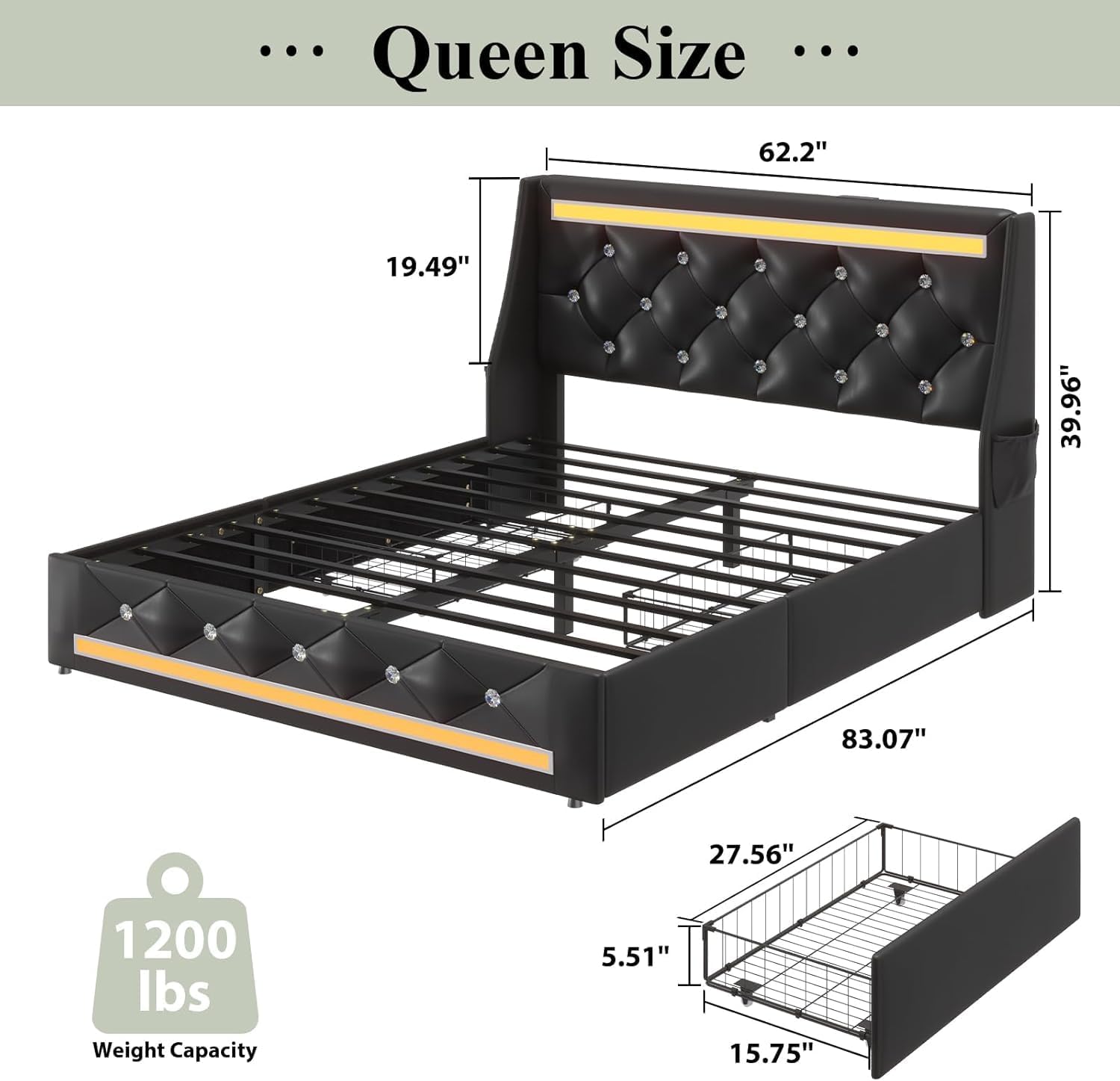 Queen Bed Frame with Storage Drawers and LED Lights/Charging Station, Modern Diamond Upholstered Platform Bed with Wingback Headboard, Wooden Slats Support, No Box Spring Needed (Black, Queen)