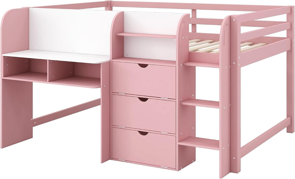 JIVOIT Full Size Loft Bed with Built-in Desk, Wooden Low Loft Bed with Storage Cabinets and Open Bookcase, Whiteboard for Graffiti, Safety Guardrail & Ladder, Easy Assembly (Pink//57)