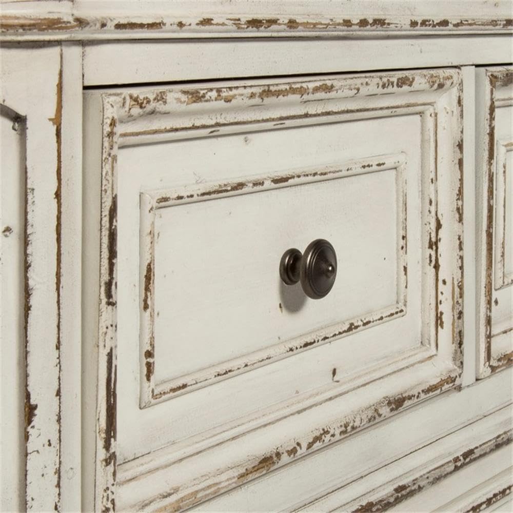 Pemberly Row Contemporary Magnolia Manor 3-Piece Vanity Set, Antique White and Weathered Brown Finish, Ivory Tweed Chenille Upholstered Stool, Trifold Mirror, Bedroom Furniture