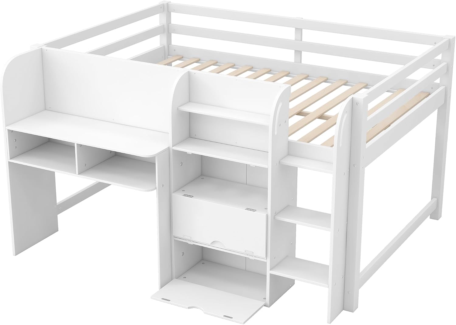 JIVOIT Full Size Loft Bed with Built-in Desk, Wooden Low Loft Bed with Storage Cabinets and Open Bookcase, Whiteboard for Graffiti, Safety Guardrail & Ladder, Easy Assembly (White//57)