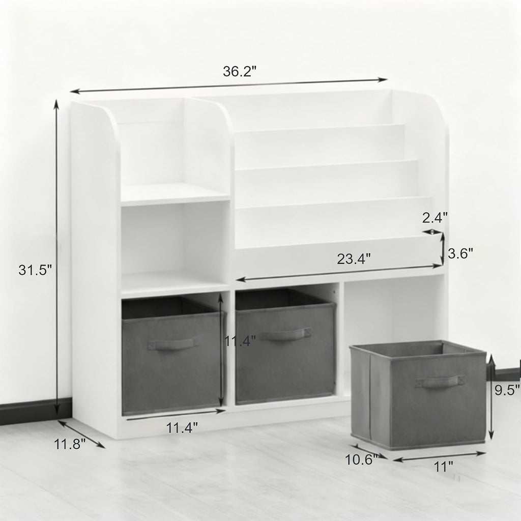 Kids Bookshelf, Wooden Kids Bookcase with 3 Storage Bins for Toy Storage, 4-Tier Shelf for Books & Reading, Multifunctional Toy Box with Bookshelf for Nursery & Bedroom Organization