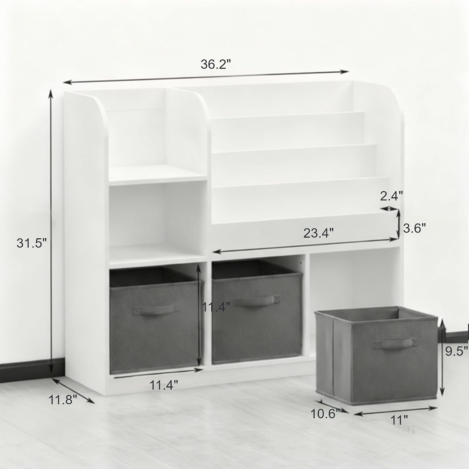 Kids Bookshelf, Wooden Kids Bookcase with 3 Storage Bins for Toy Storage, 4-Tier Shelf for Books & Reading, Multifunctional Toy Box with Bookshelf for Nursery & Bedroom Organization