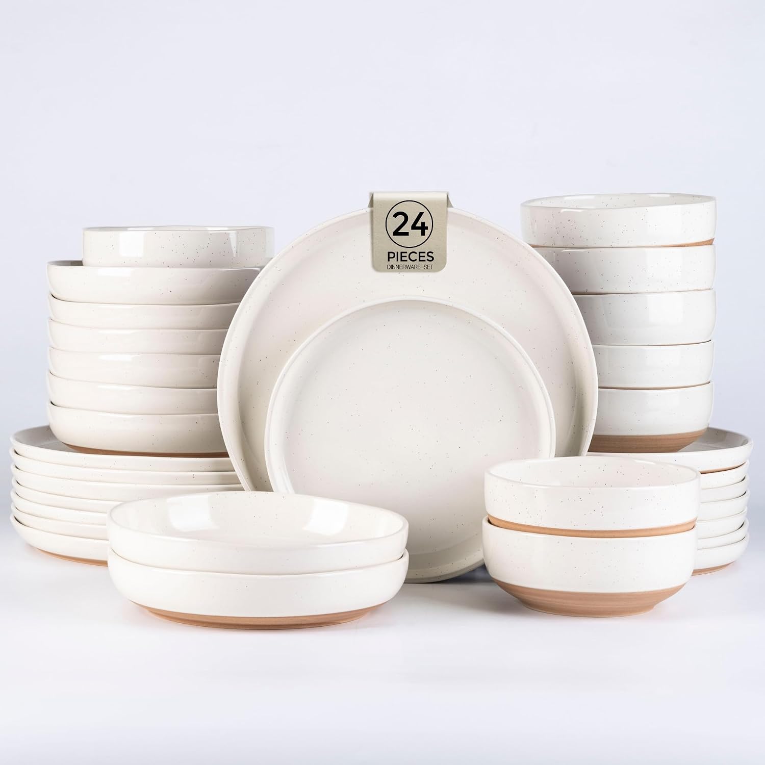 AmorArc Ceramic Dinnerware Sets with Pasta Bowls for 6, Handpainted Plates and Bowls Set with Rustic Terracotta Underside, Scratch Resistant Dishes Set, Dishwasher & Microwave Safe, 24 Pcs
