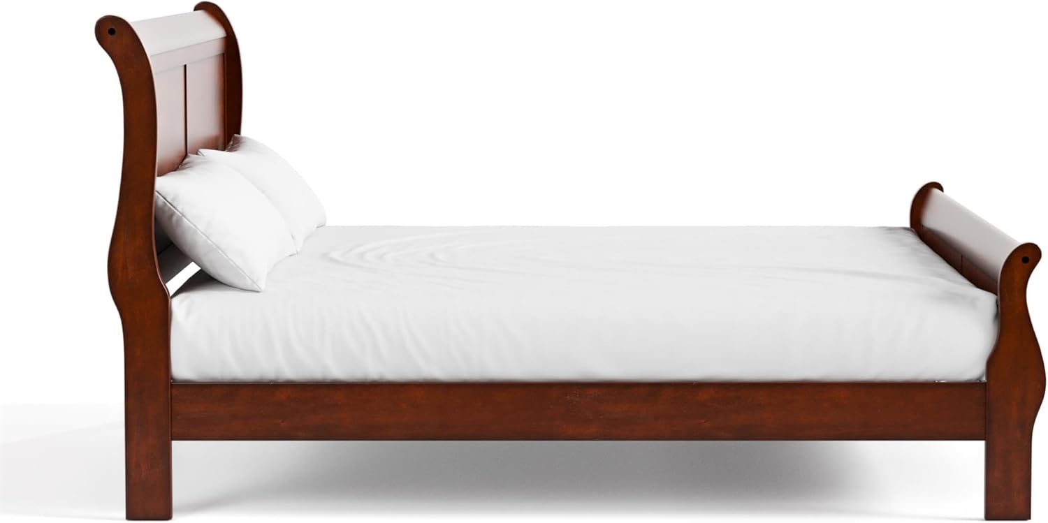 MAKLAINE Modern Transitional Solid Wood Panel Full Bed, Cherry Finish, Sleigh Design with Paneled Headboard, Footboard, and Bracket Feet, 83.5' L x 56.25' W x 47.25' H, Kids Bedroom Furniture