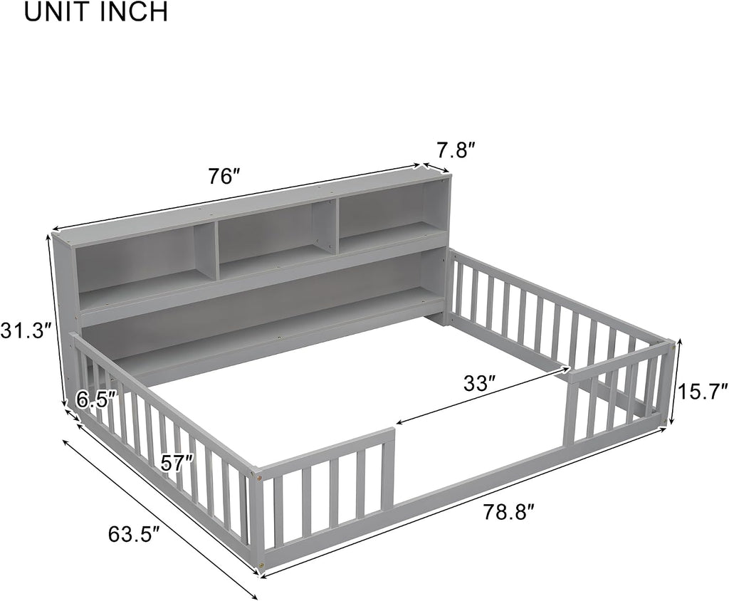 Bellemave Kids Montessori Floor Bed,Full Size Floor Bed with Bookcase and Shelves,Full Bed Frame with Guardrails for Kids,Girls,Boys,Full,Gray