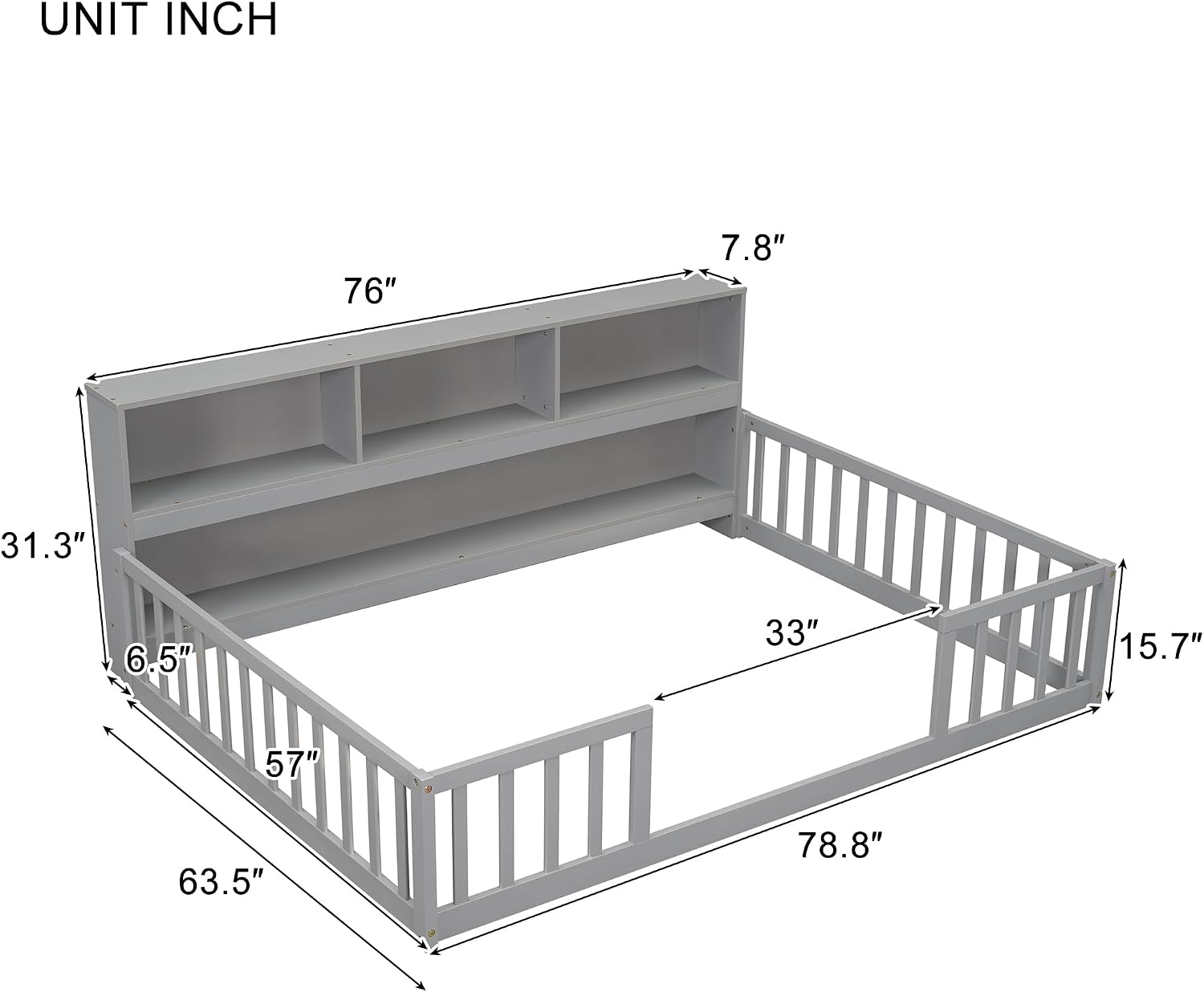 Bellemave Kids Montessori Floor Bed,Full Size Floor Bed with Bookcase and Shelves,Full Bed Frame with Guardrails for Kids,Girls,Boys,Full,Gray