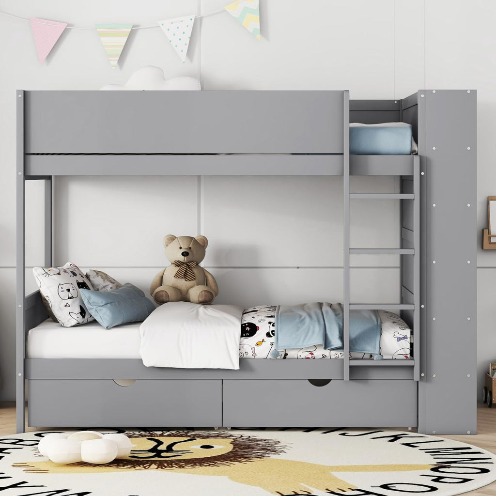 Twin Over Twin Bunk Bed with Bookcase and Drawers,Wooden All-in-one Furniture Set with Multi-Layer Cabinet for Kids Girls Boys-Gray
