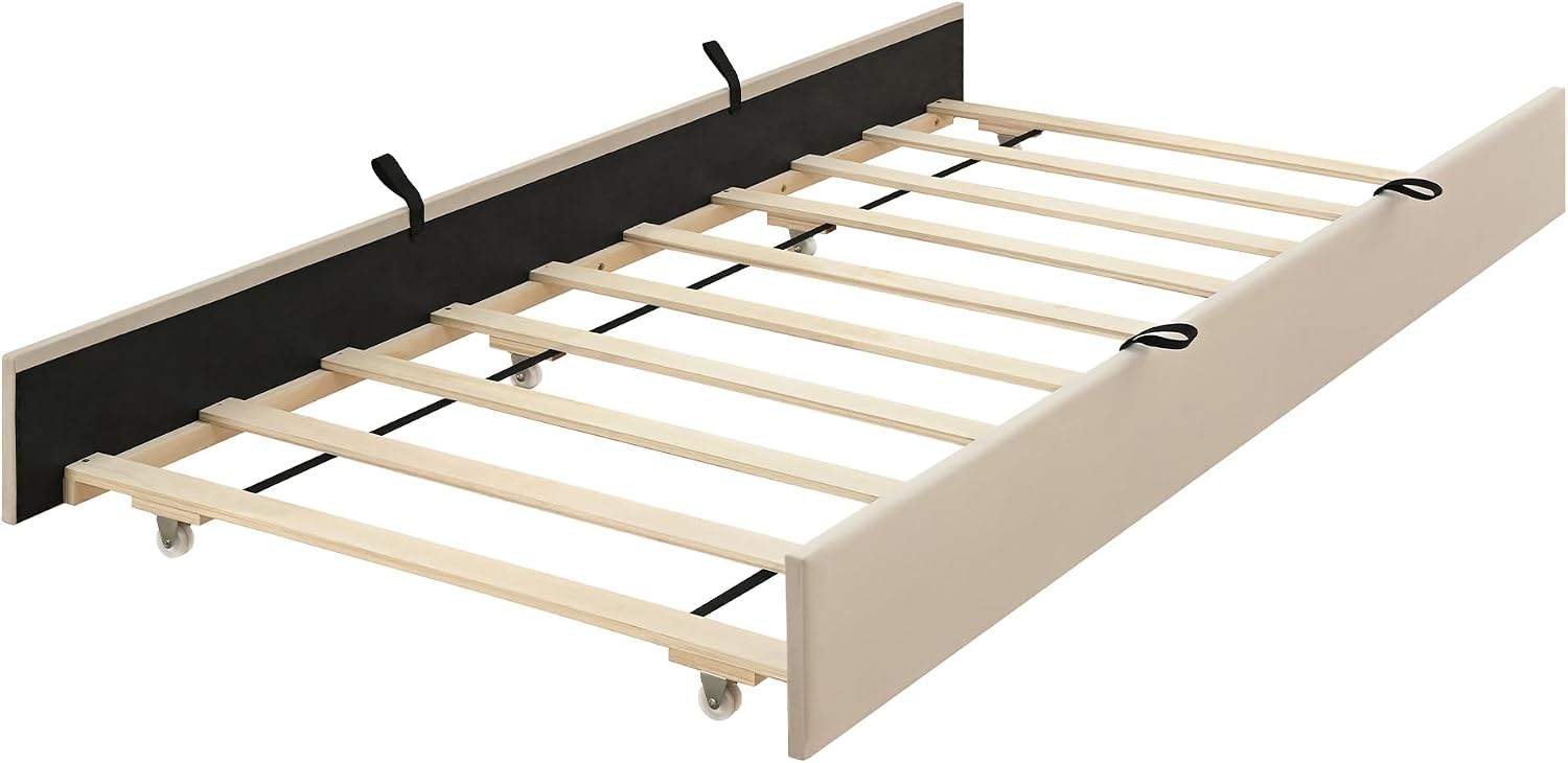 VilroCaz Modern Queen Size Velvet Upholstered Platform Bed with Twin Size Trundle Bed, Channel Tufted Headboard and Footboard, Sturdy Slats Support (Beige-5.25)