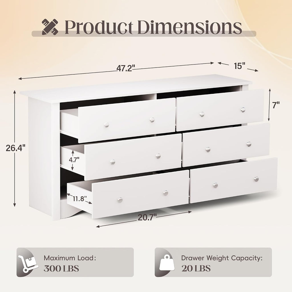 JUMMICO Dresser for Bedroom, 6 Wood Dresser Drawers, Wide Chest of Drawers, TV Stand, Modern Design for Bedroom, Living Room, Hallway, Entryway (White)