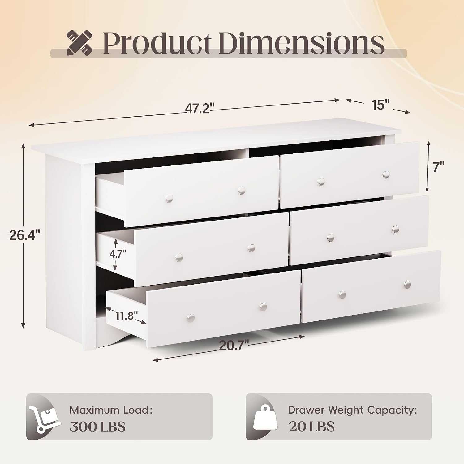 JUMMICO Dresser for Bedroom, 6 Wood Dresser Drawers, Wide Chest of Drawers, TV Stand, Modern Design for Bedroom, Living Room, Hallway, Entryway (White)