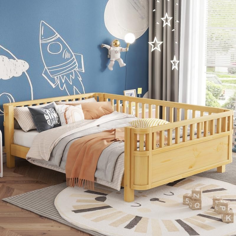 JIJIWANG Montessori Floor Bed with Slats, Low Profile Full Bed Frame for Kids, for Kids Bedroom, Girls & Boys, No Box Spring Needed, Natural