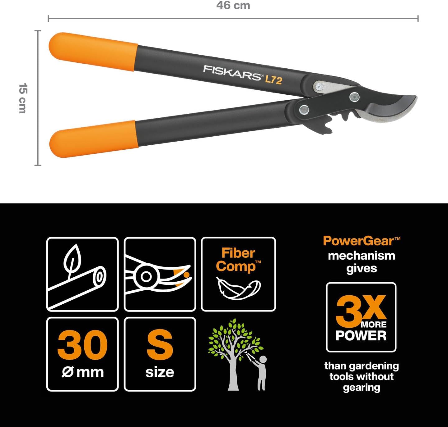 Fiskars 1001555 Podadora piñones Bypass L72, Standard, (Width Ø 2.8 cm)