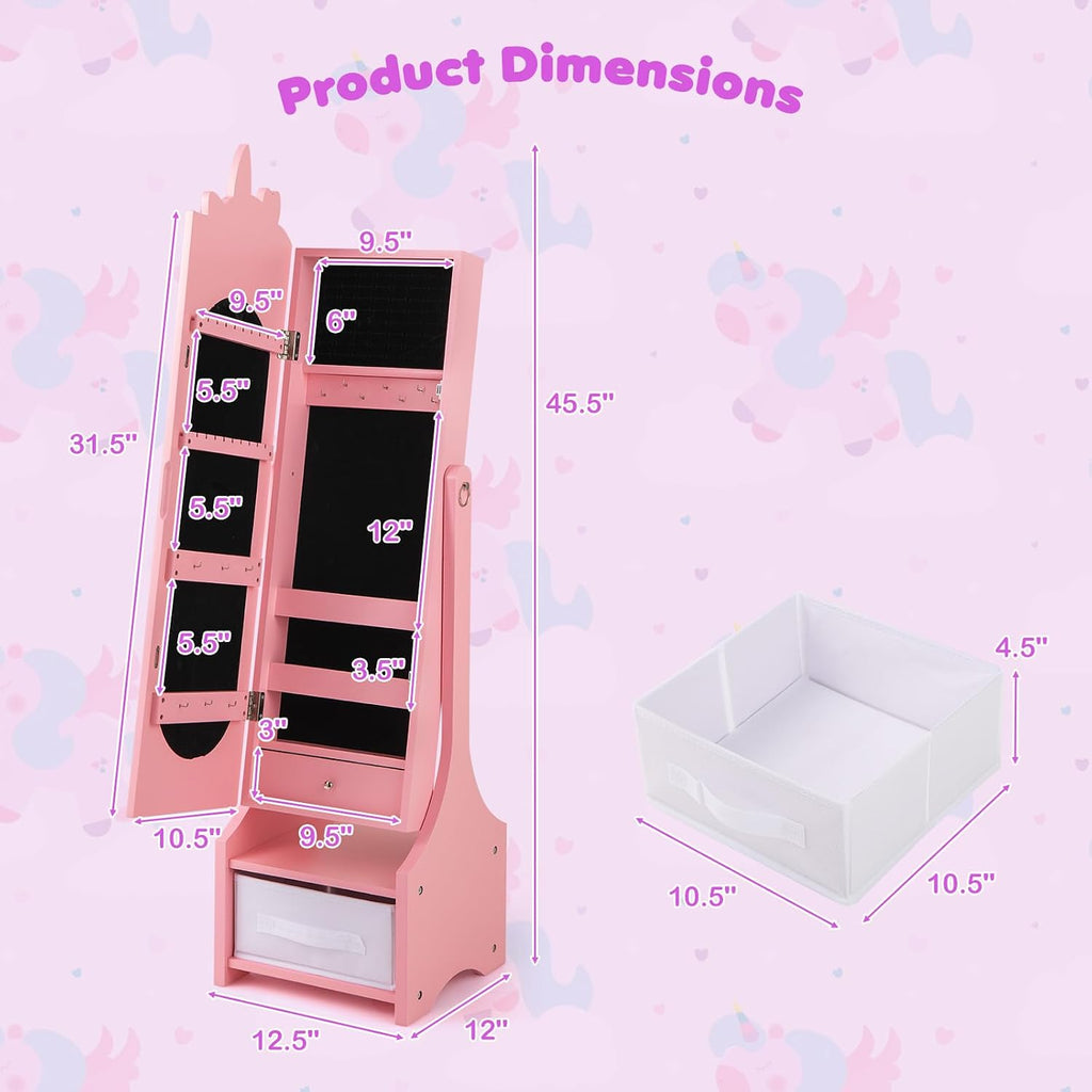 GLACER Kids Vanity & Kids Jewelry Armoire, Princess Little Girls Vanity, Standing Children Jewelry Organizer w/Full-Length Mirror & Foldable Drawers, Adjustable Angles, Kids Bedroom Set (Pink)