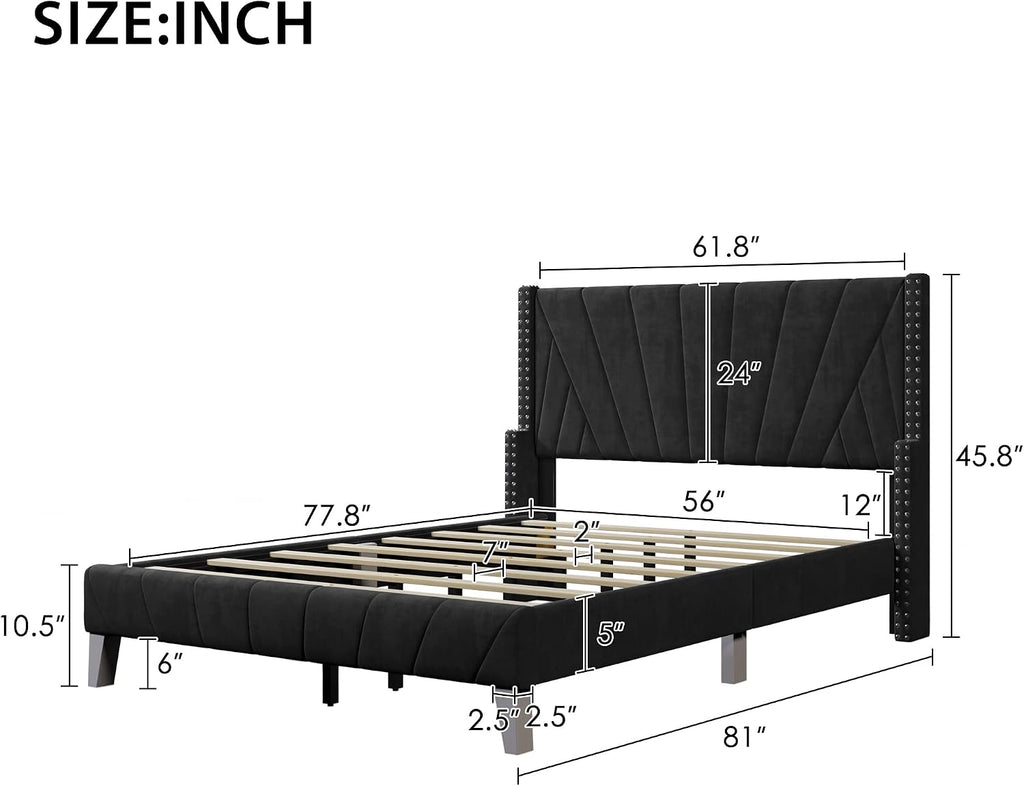 3 Pieces Velvet Bedroom Set with Full Upholstered Bed and Two Nightstand, Contemporary Furniture Set for Bedroom Living Room (Black+3 Pieces+Full)