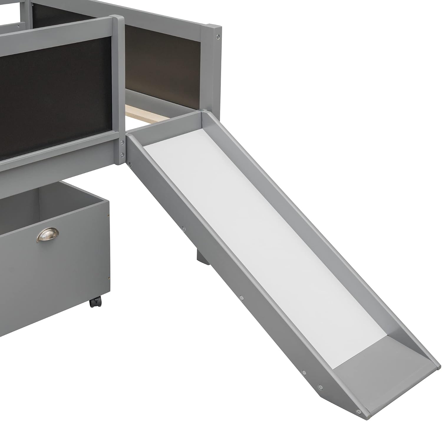 JIVOIT Twin Size Low Loft Bed with Climbing Frame & Rope, Wood Loft Bed Frame with Two Storage Boxes, Slide and Double-Sided Chalkboard, Pine Wood Bed Frame for Kids Teens (Gray+Rope)