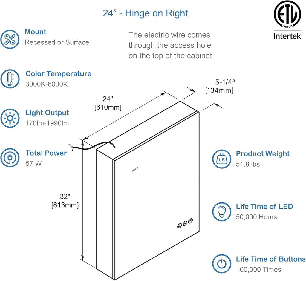 Blossom LED Lighted Mirror Medicine Cabinet, 24x32 Inch, Right Hinge, Recessed/Surface Bathroom LED Medicine Cabinet with Mirror, Defogger, Adjustable Brightness, 3X Makeup Mirror, Outlets & USB Ports