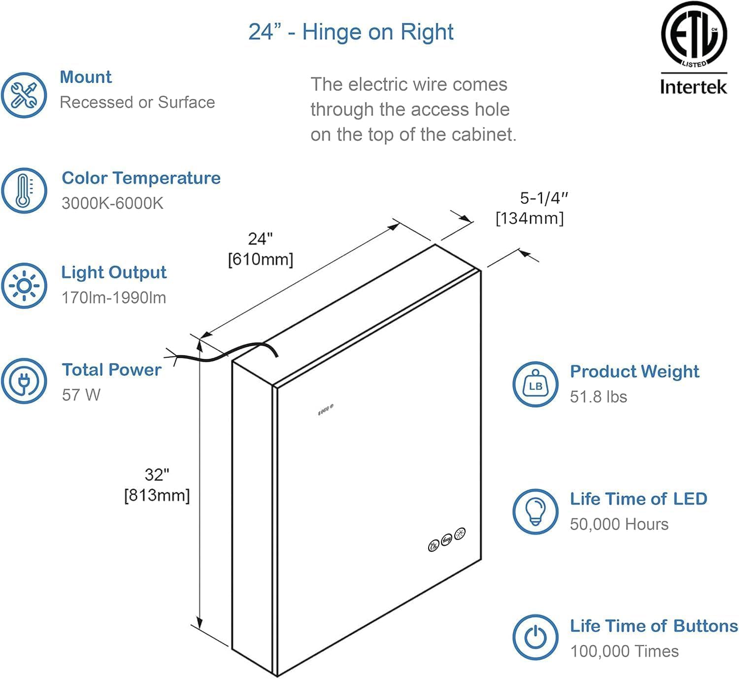 Blossom LED Lighted Mirror Medicine Cabinet, 24x32 Inch, Right Hinge, Recessed/Surface Bathroom LED Medicine Cabinet with Mirror, Defogger, Adjustable Brightness, 3X Makeup Mirror, Outlets & USB Ports