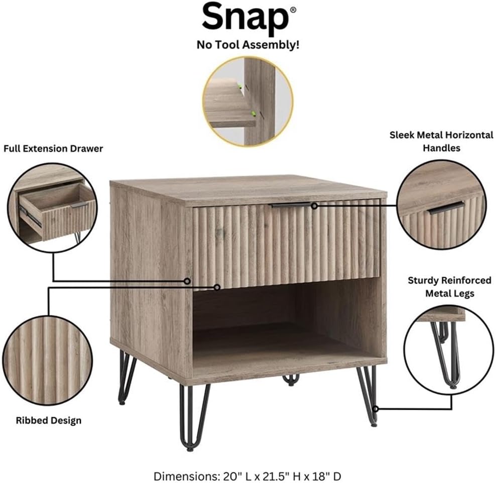Pemberly Row 2-Piece Bedroom Set, Standard 3-Drawer Dresser and 1.0 Nightstand, Light Gray Finish, MDF Material, Full Extension Drawers, Ribbed Texture, Metal Handles, Splayed Legs, Storage for