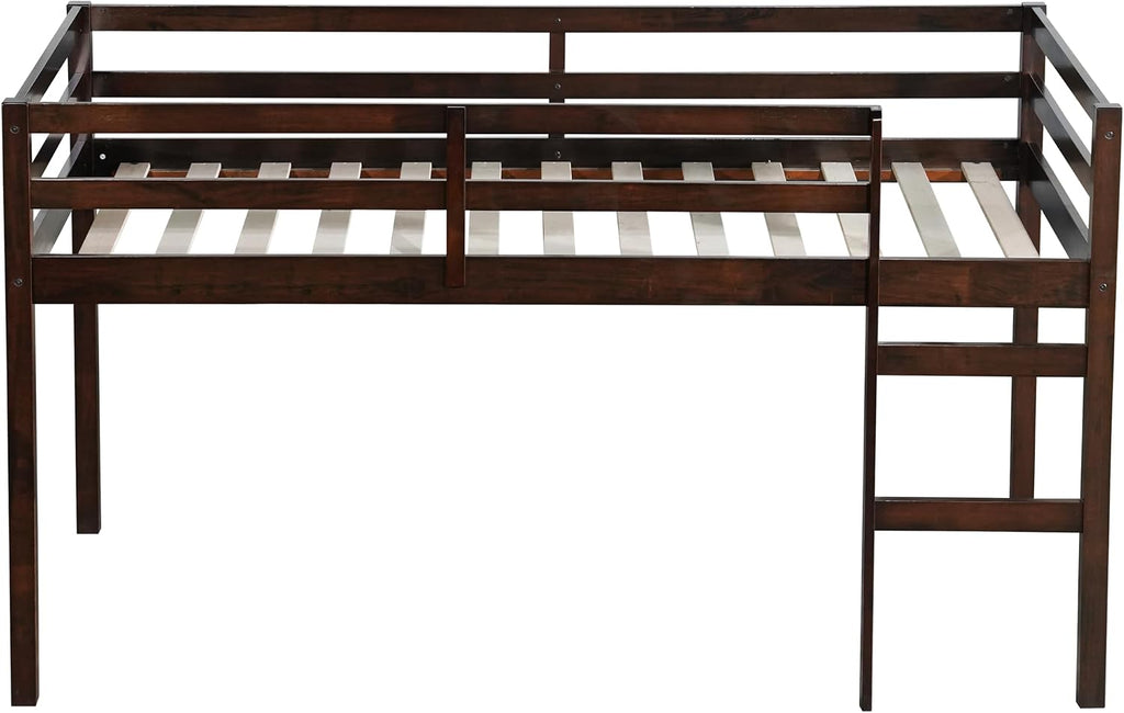 JIVOIT Wood Low Loft Bed Frame with Ladder, Solid Rubber Wooden Twin Loft Bed, Bed Platform of Strengthened Slats, Space Saving Design, No Box Spring Needed (Espresso,104)