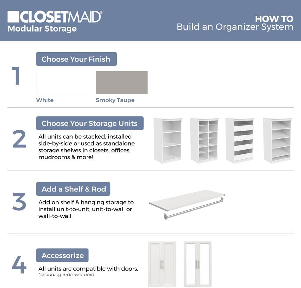 ClosetMaid Modular Storage Unit with 4 Drawers, Wood Closet Organizer, Stacking, Full Backer, Storage, Decorative Trim, White