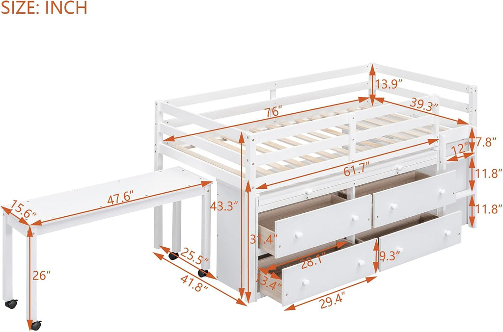 JIVOIT Twin Size Low Loft Bed with Retractable Writing Desk, Storage Bed with 4 Drawers and Shelves, Wooden Loft Bed with Lateral Portable Desk for Kids Teens Adults Bedroom (White,Twin,9)