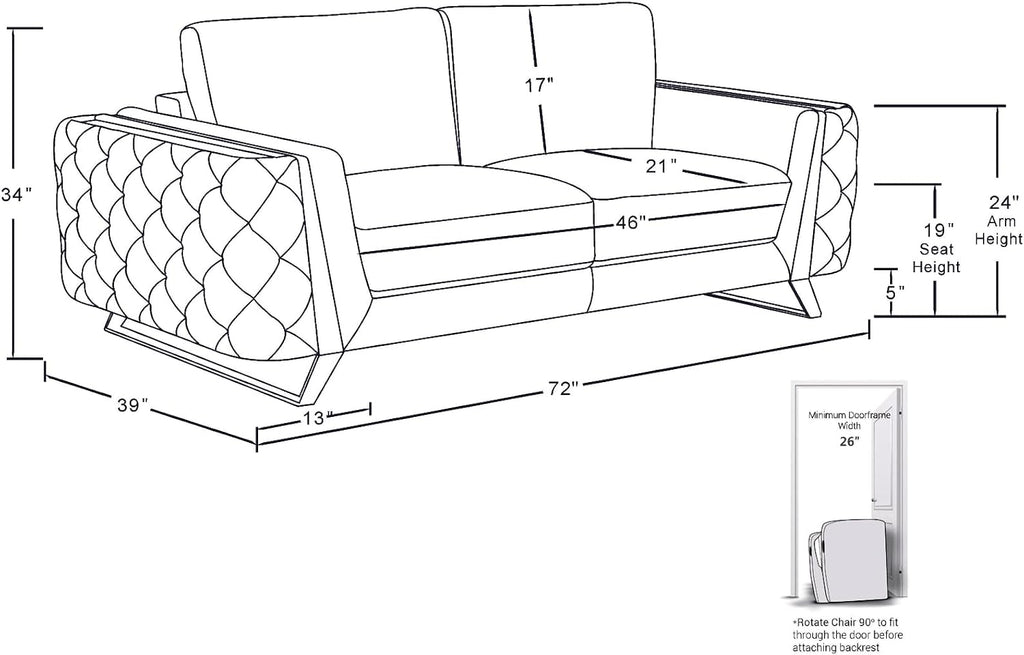 Blackjack Furniture Reggio Collection Full Grain Italian Leather Sofas for Living Room with Brazilian Wood Frame and Stainless Steel Legs, 3-Piece Set, Sofa, Loveseat, and Chair, White
