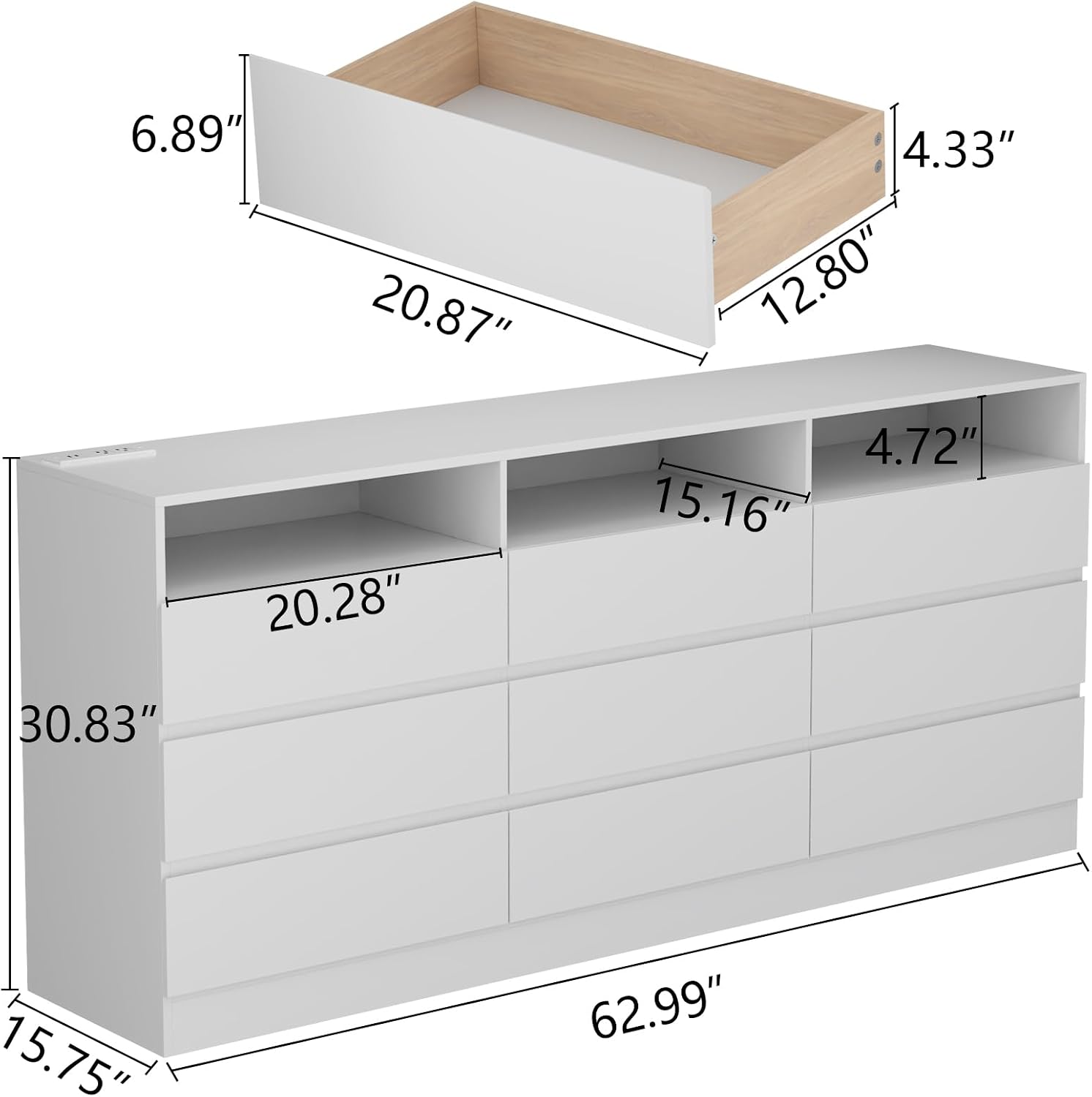 STIKELY 9 Drawer Dresser for Bedroom with Power Outlet and LED Light, Black Dresser Chest of Drawers for Closet, Modern Dressers Organizer Cabinet for Living Room, Entryway, Hallway (White)