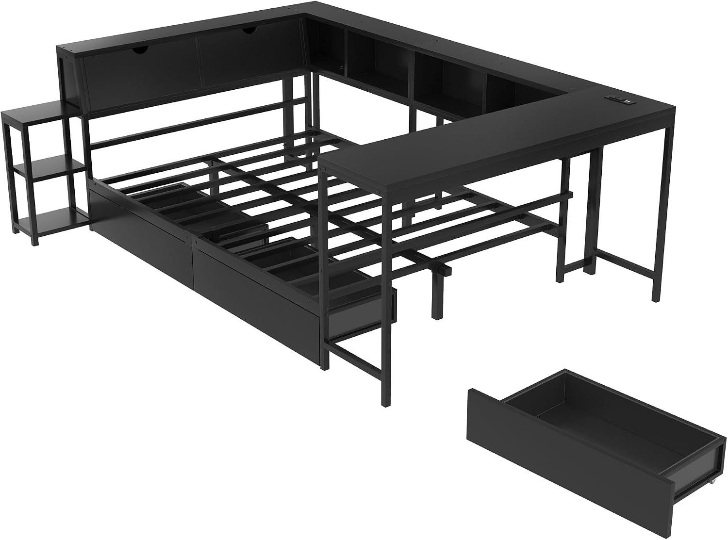 Full Corner Bed Frame with Storage Drawers, Modern Metal Day Bed Frame & L Shaped Bedframe with Led Lights/Charging Station/Bookcase/Desk (Black, Queen)