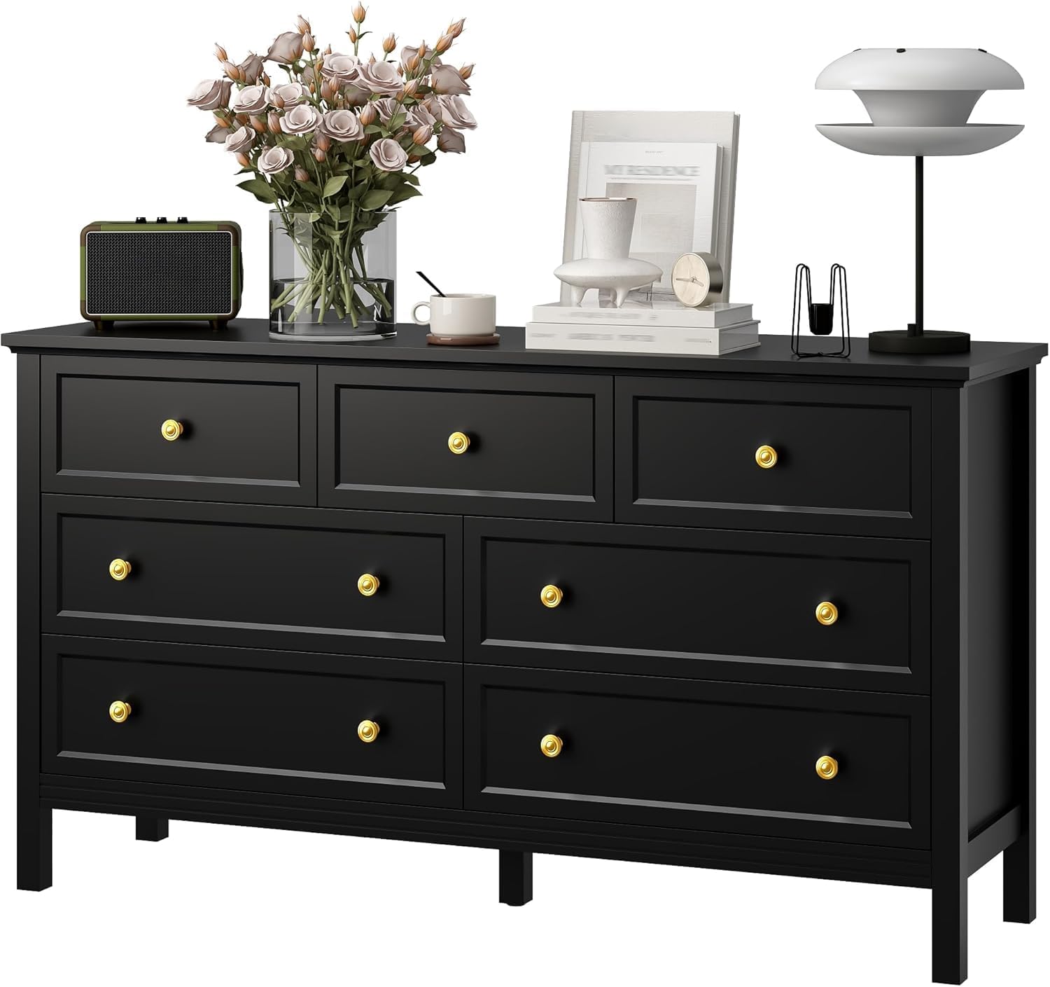 LYNSOM Black Dresser for Bedroom with 7 Drawers, Modern Wide Chest of Storage Drawer with Gold Handles, TV Stand Dresser, Wood Dressers for Bedroom, Living Room, Hallway, Entryway, 55''