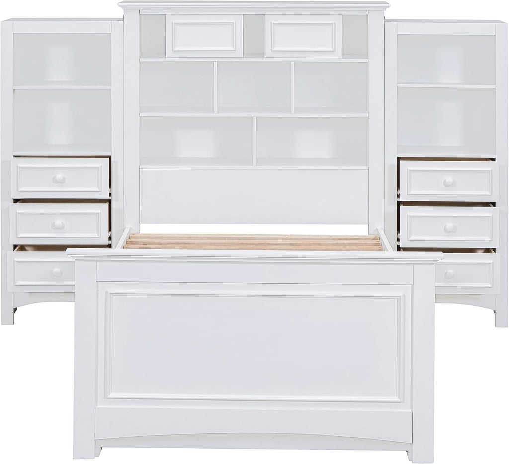 Twin Size Platform Bed with All-in-One Vertical Cabinet Bookcase, Solid Wood Captain's Bed Platform Bed Frame with 4 Drawers on Each Side, Storage Headboard (White-A)