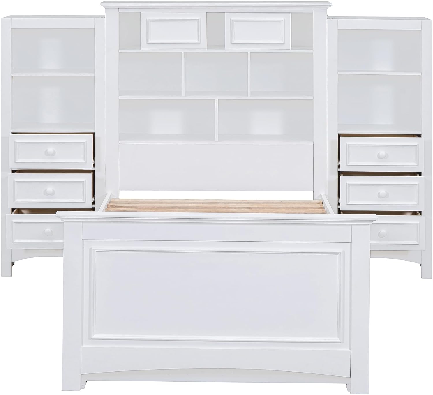 Twin Size Platform Bed with All-in-One Vertical Cabinet Bookcase, Solid Wood Captain's Bed Platform Bed Frame with 4 Drawers on Each Side, Storage Headboard (White-A)
