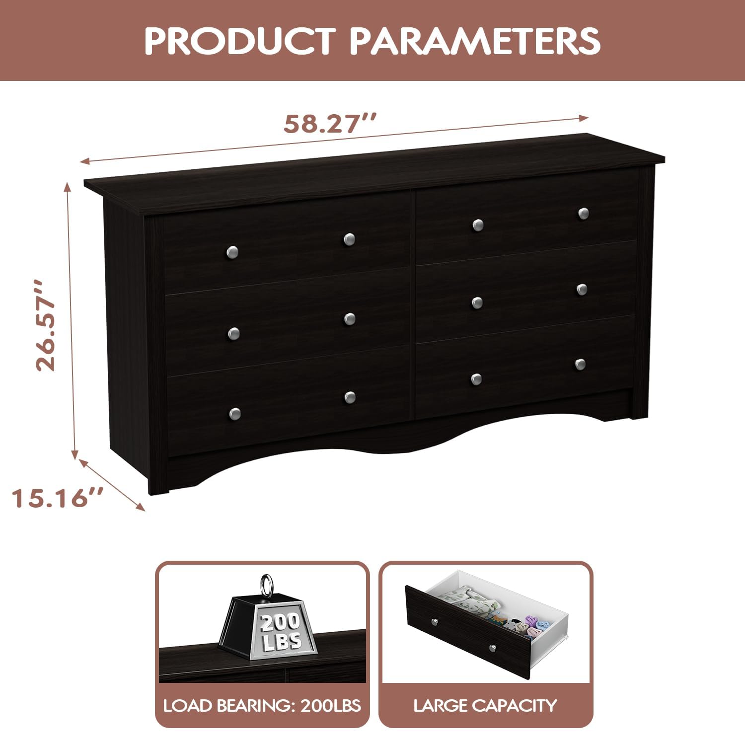 YESHOMY Dresser for Bedroom with 6 Drawers, 58' Wide Modern Chest of Drawers, Wooden Dresser, Storage Organizer for Living Room, Hallway, Deep Brown