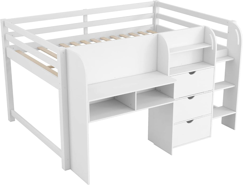 JIVOIT Full Size Loft Bed with Built-in Desk, Wooden Low Loft Bed with Storage Cabinets and Open Bookcase, Whiteboard for Graffiti, Safety Guardrail & Ladder, Easy Assembly (White//57)