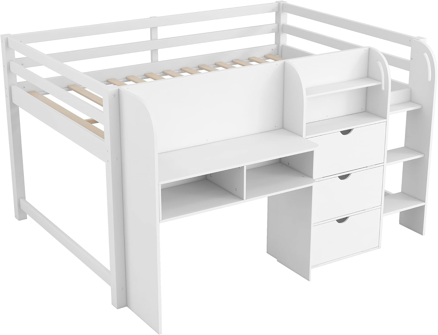 JIVOIT Full Size Loft Bed with Built-in Desk, Wooden Low Loft Bed with Storage Cabinets and Open Bookcase, Whiteboard for Graffiti, Safety Guardrail & Ladder, Easy Assembly (White//57)