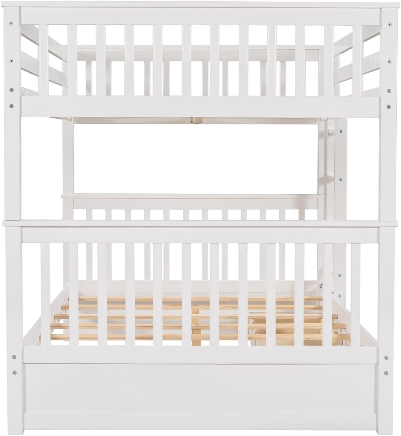 Short Bunk Bed, Full Bed with Drawers White Full Over Full with 2 Drawers Ladder and Rail Guard Solid Wood Slats for Boys and Girls Bedroom