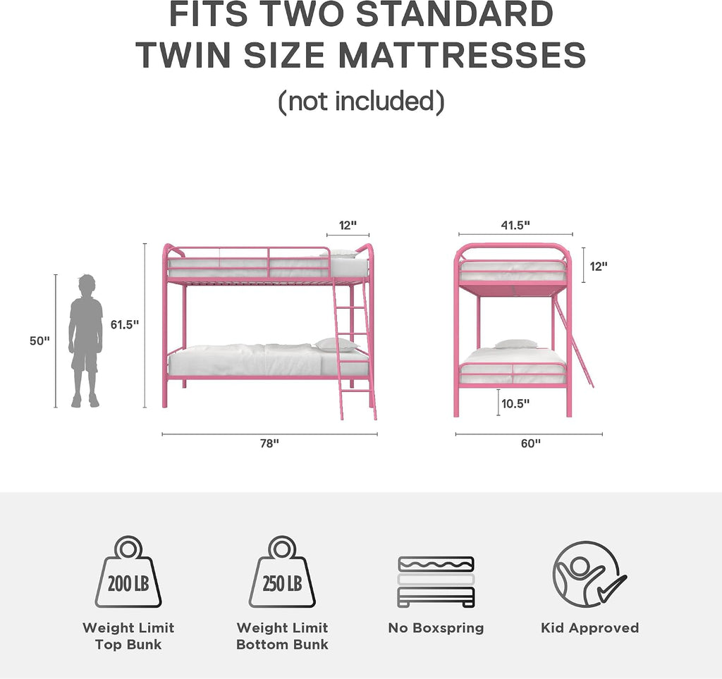 DHP Dusty Twin over Twin Metal Bunk Bed with Secured Ladder, Pink