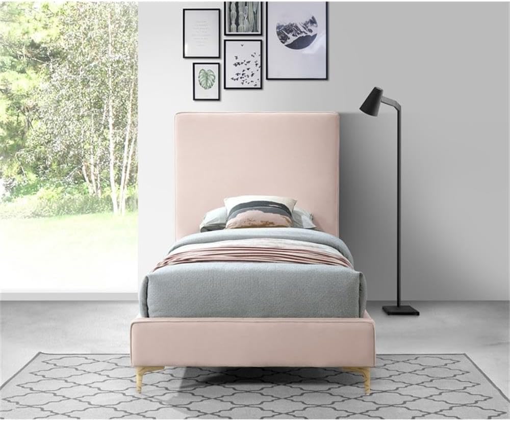 Meridian Furniture Geri Collection Modern | Contemporary Velvet Upholstered Bed with Piping on Headboard and Foorboard in Gold or Chrome Finish, Twin, Pink