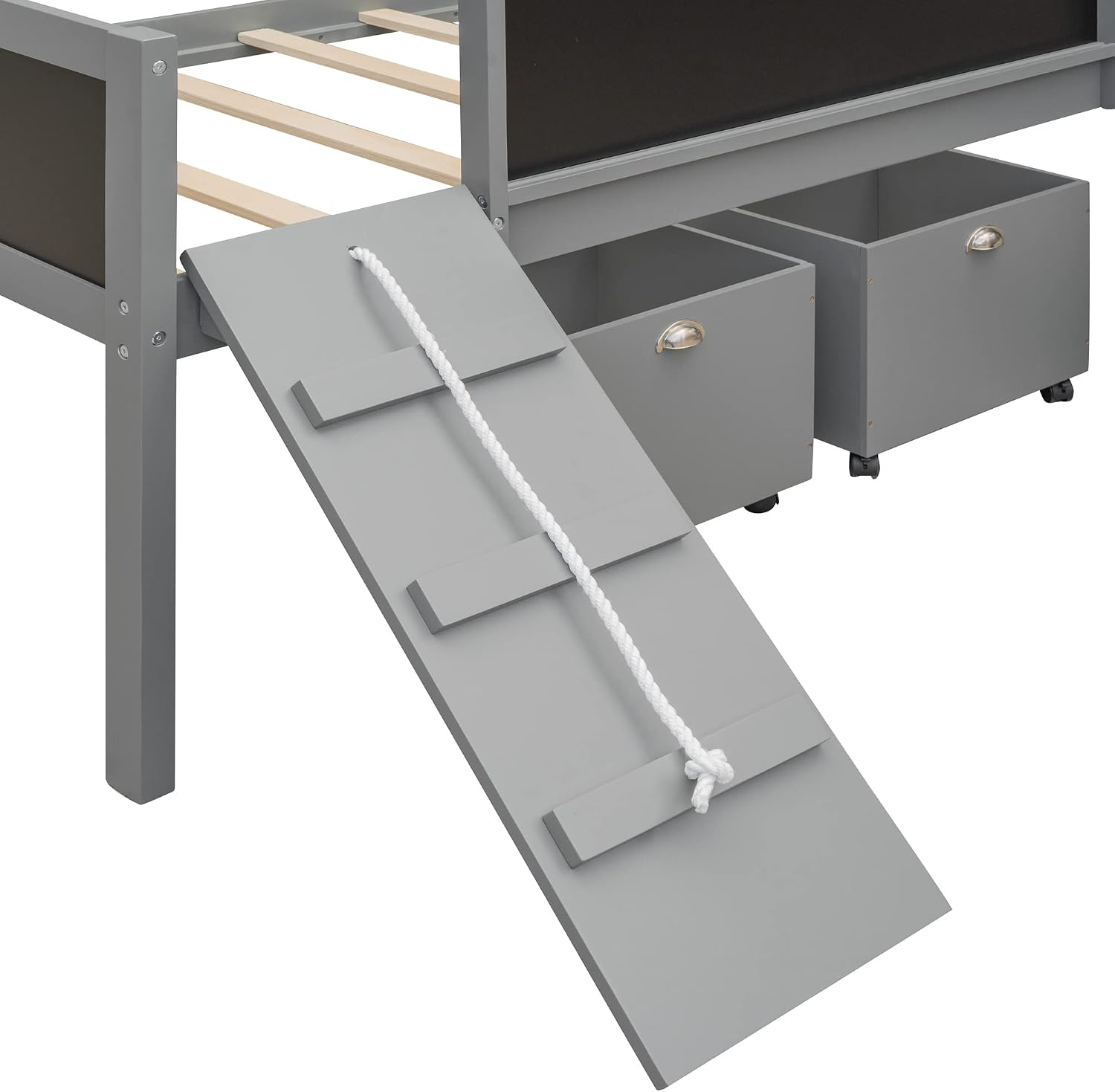 JIVOIT Twin Size Low Loft Bed with Climbing Frame & Rope, Wood Loft Bed Frame with Two Storage Boxes, Slide and Double-Sided Chalkboard, Pine Wood Bed Frame for Kids Teens (Gray+Rope)