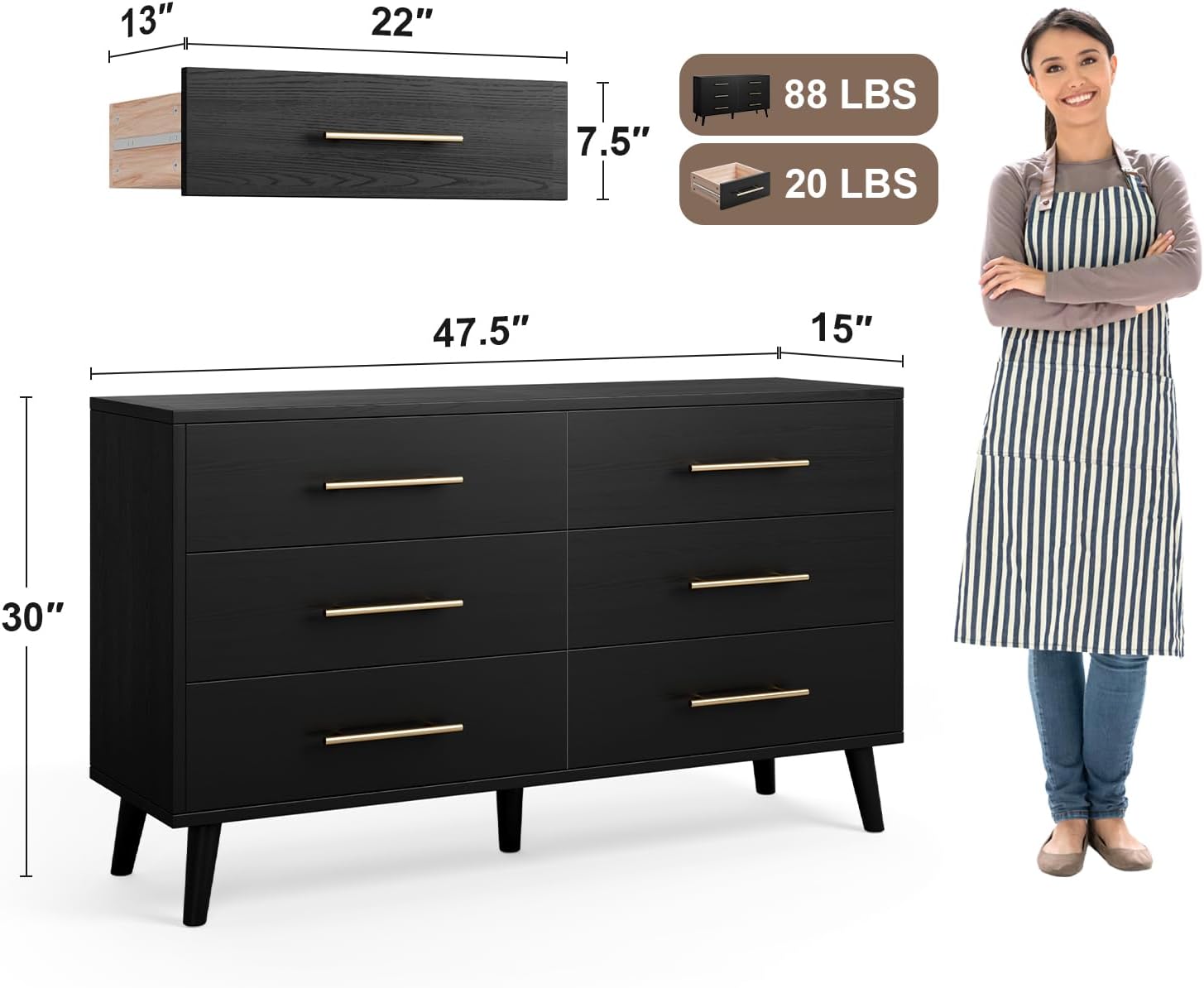 Ahomly 6 Drawer Dresser for Bedroom, Modern Dresser with Anti-Tip Kit, Ample Storage & Silent Gliding Slides, Wooden Chest of Drawers for Living Room, Entryway, Nursery, Black