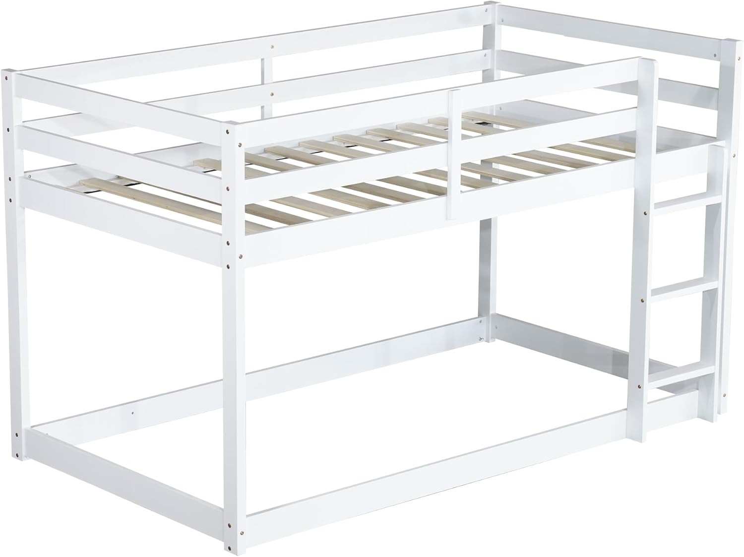 Ball & Cast Twin Over Twin Bunk Bed,Solid Rubber Wooden Low Floor Platform Bed with Ladder and Full Length Guardrail,Slat Support,Bedroom Furniture for Girls Boys,White